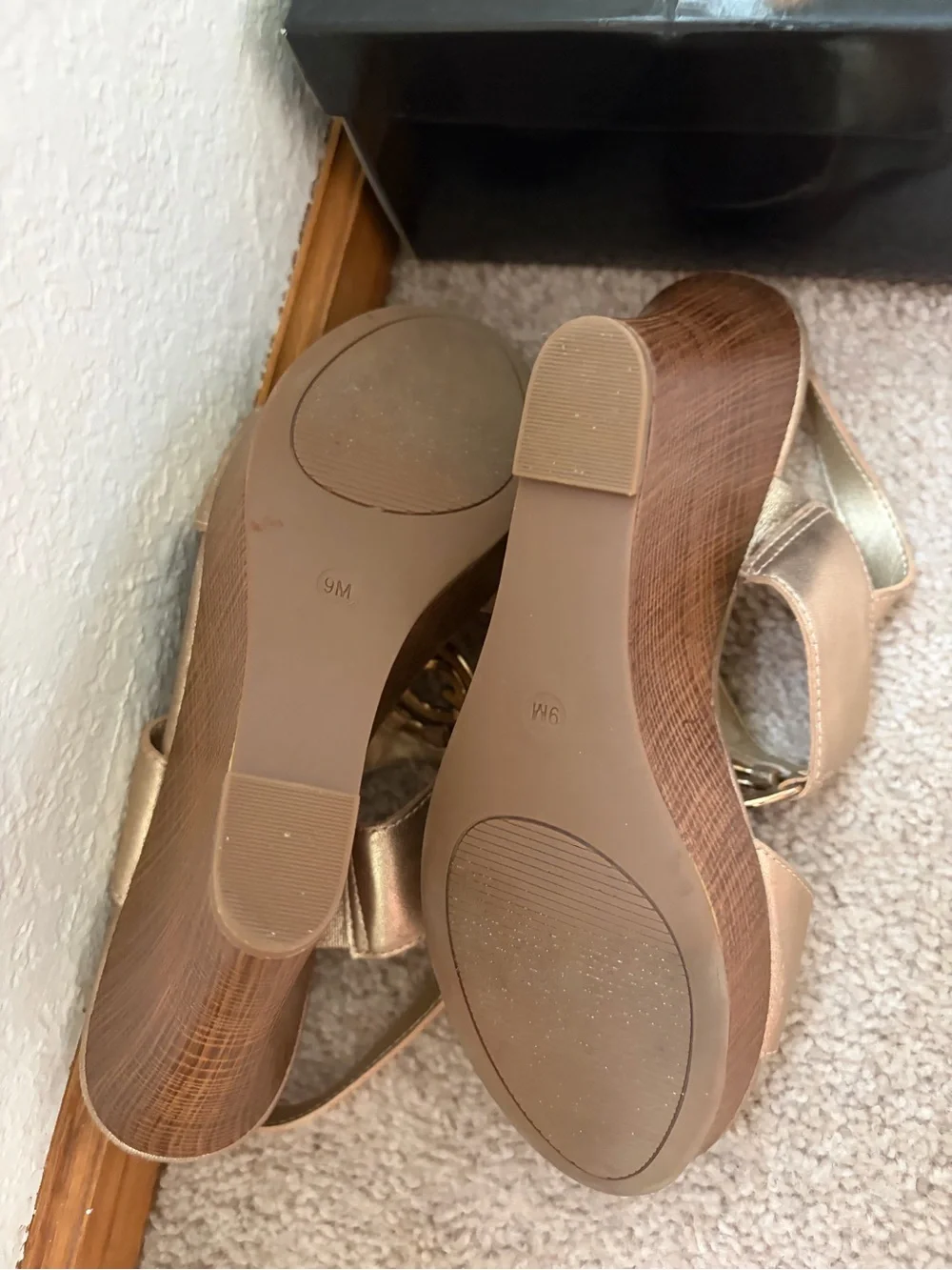 Guess Metallic Gold Wedge Sandals with Wood-Effect Platform